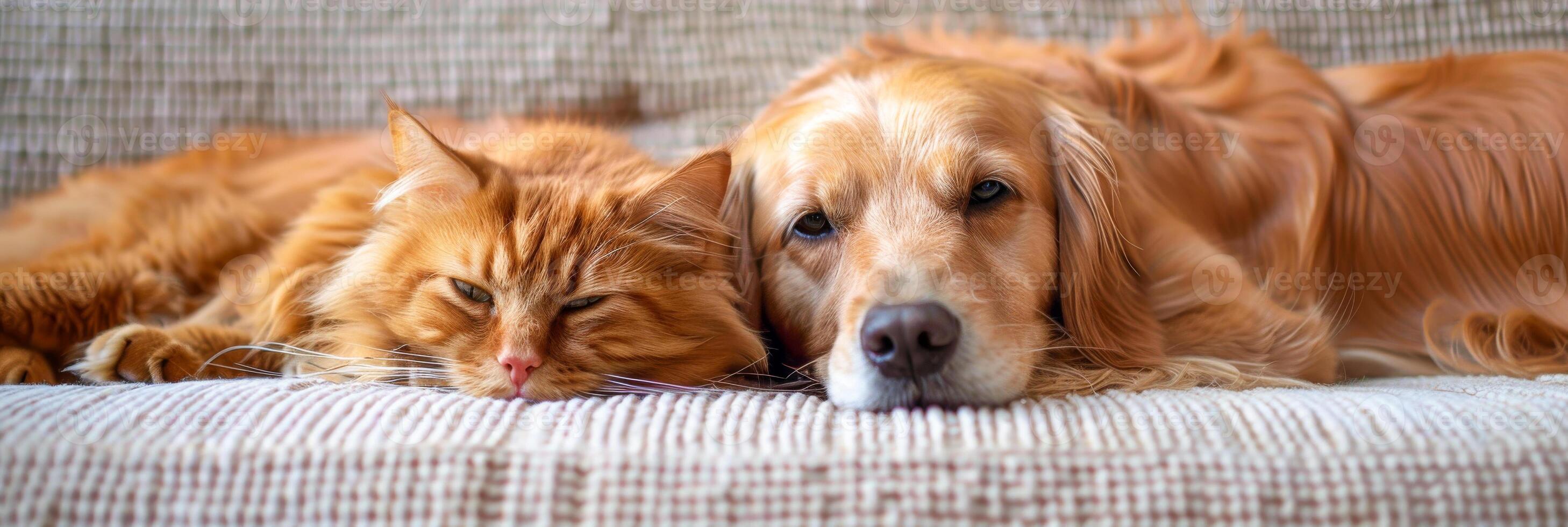 AI generated A dog and cat are relaxing together on a couch, both pets are laying down comfortably. The ginger cat has long fur, and the dogs breed is not specified photo