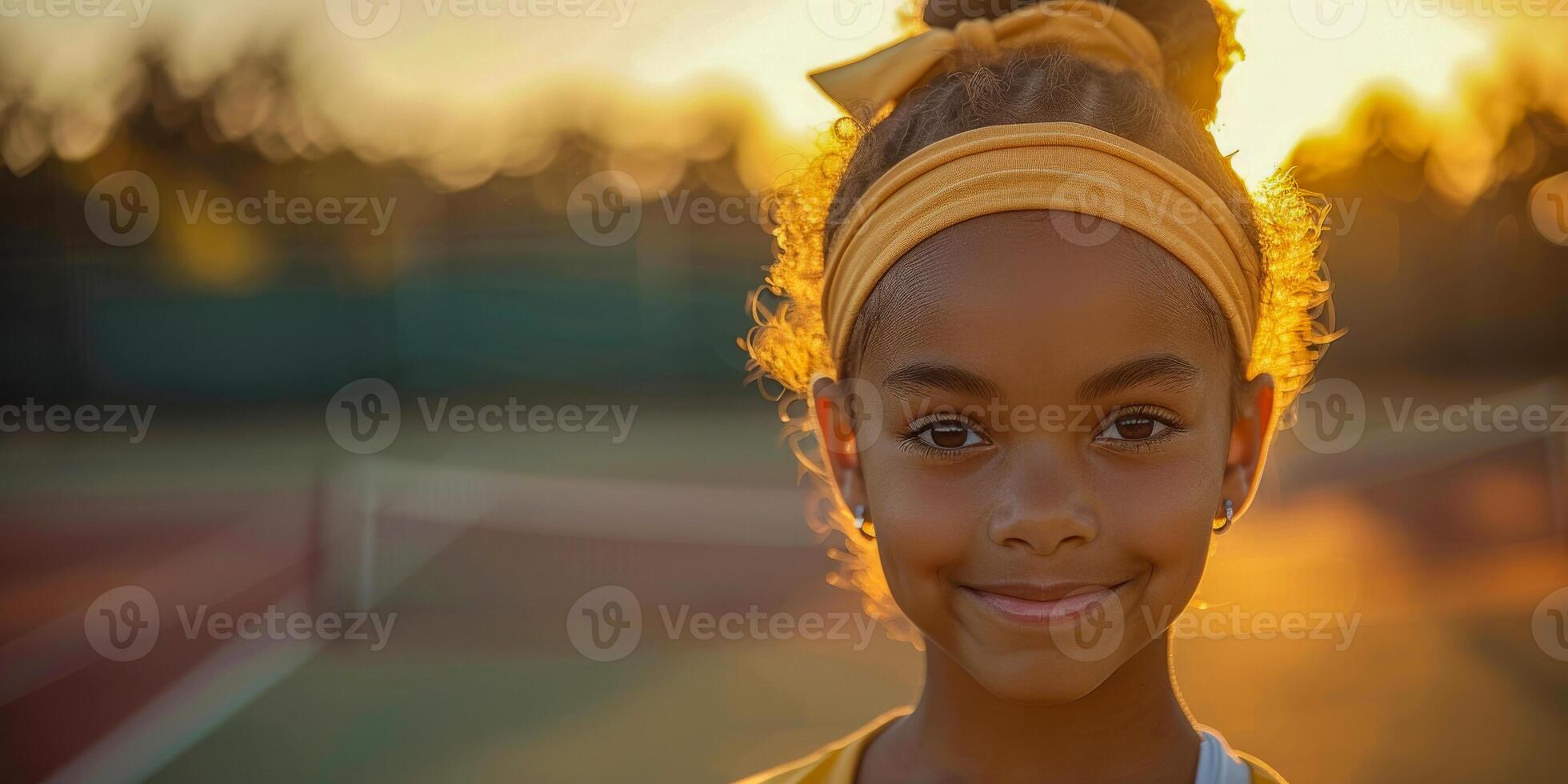 AI generated A young girl stands on an outdoor tennis court, holding a tennis racket and smiling at the camera. photo