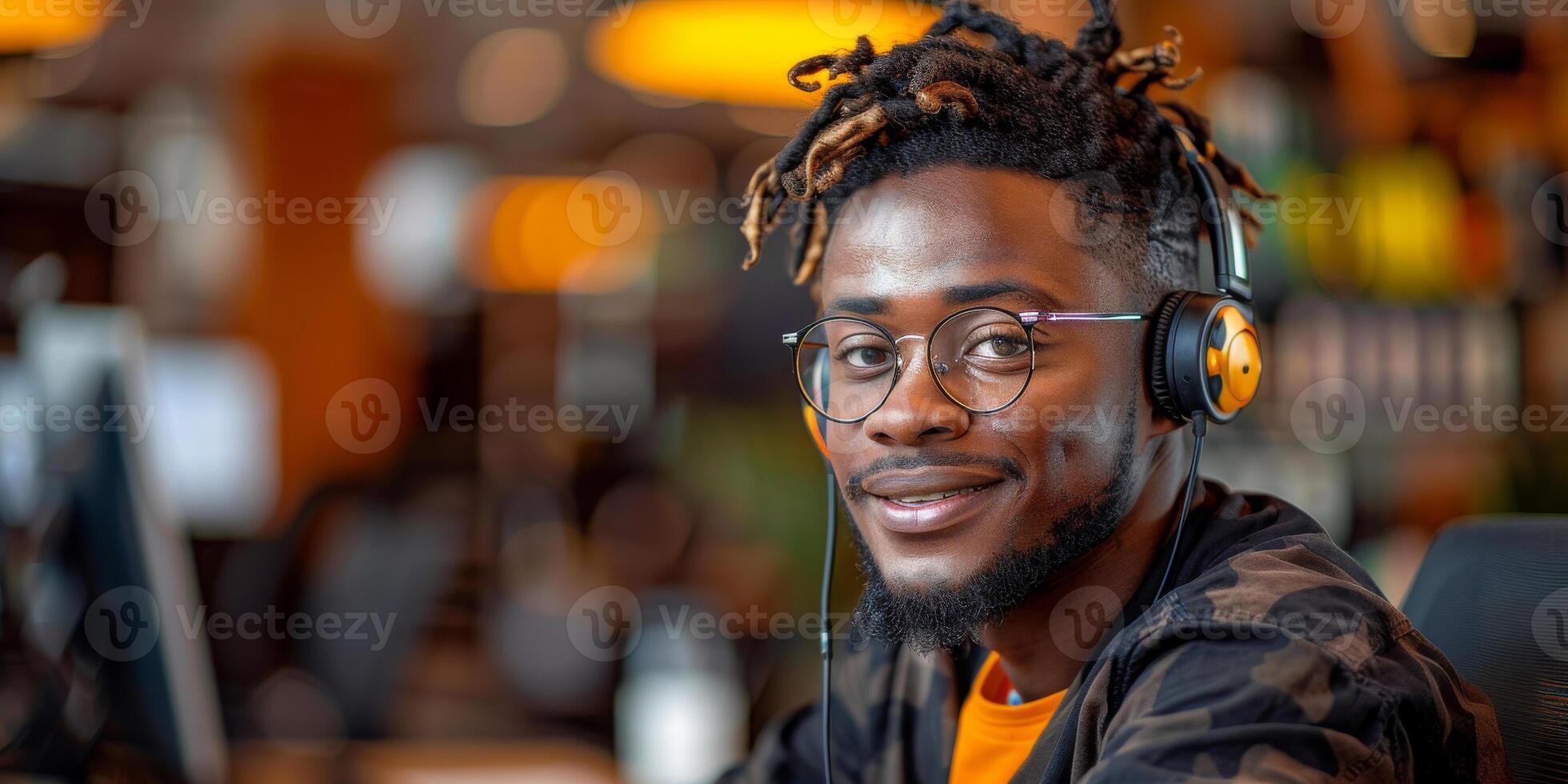 AI generated A man is shown wearing a headset and sitting in front of a computer. He appears focused and engaged, likely involved in customer service photo