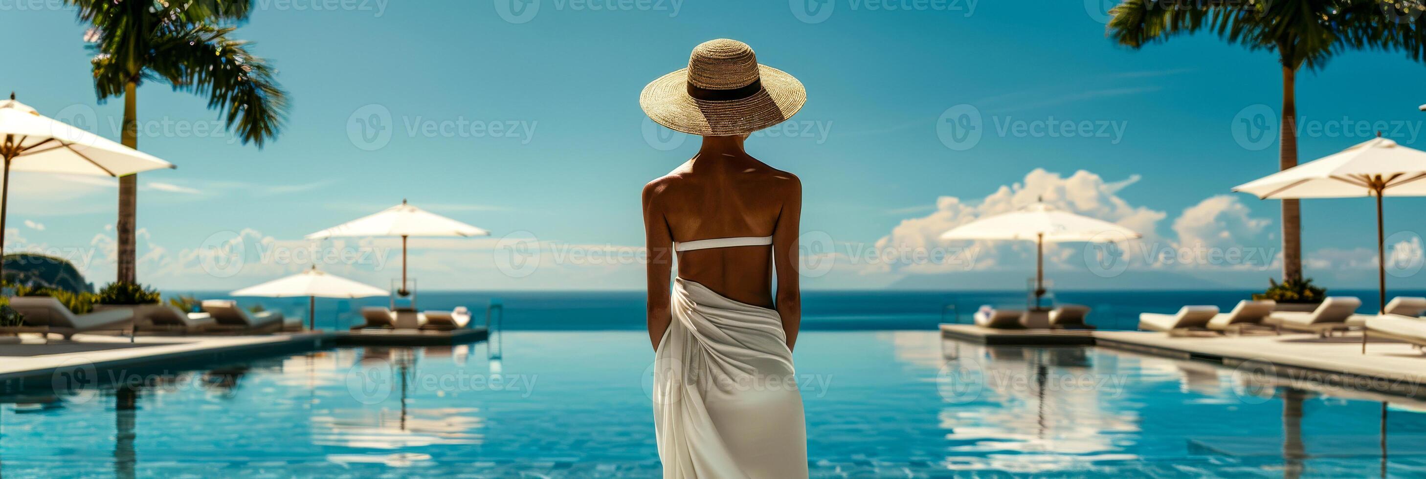 ai generado un mujer vestido en un blanco vestir y Paja sombrero soportes con confianza en frente de un prístino nadando piscina a un recurso ajuste foto