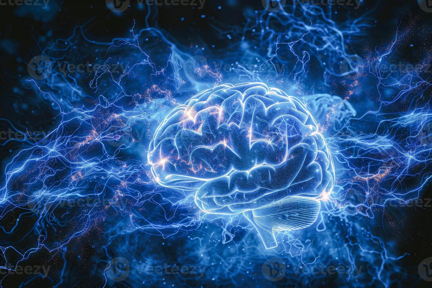 AI generated A vivid 3D illustration of a human brain surrounded by dynamic blue energy currents, symbolizing neural activity and cognitive processes photo