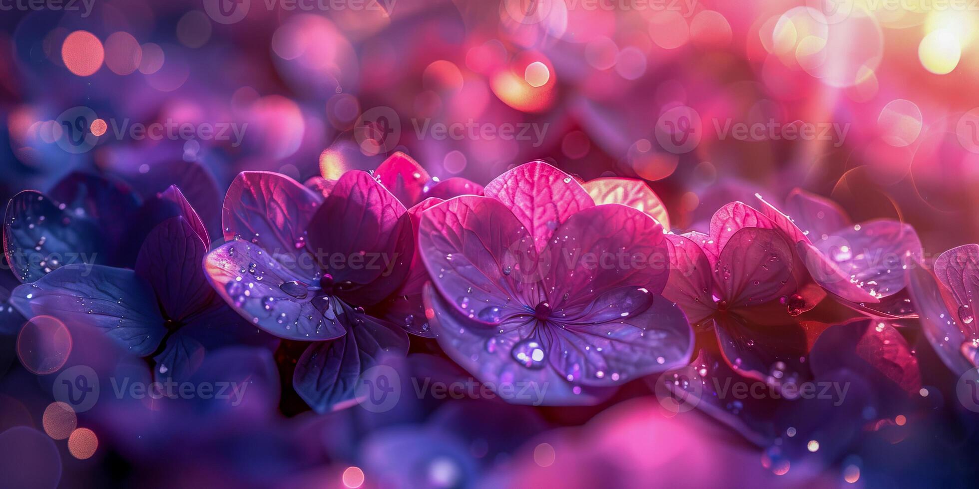 AI generated A macro shot captures the ethereal beauty of violet flower petals adorned with dewdrops, bathed in the soft glow of twilight, creating a dreamy, tranquil atmosphere photo
