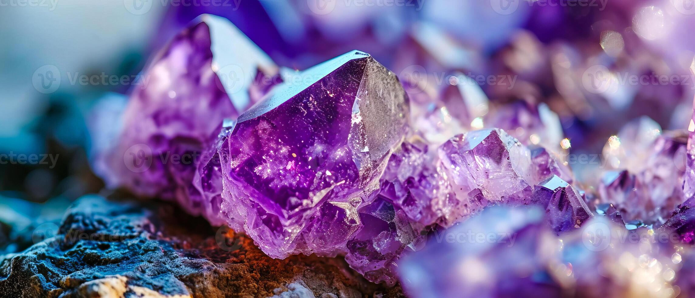 AI generated Detailed macro photography of deep purple amethyst crystal clusters with sharp edges and natural textures photo