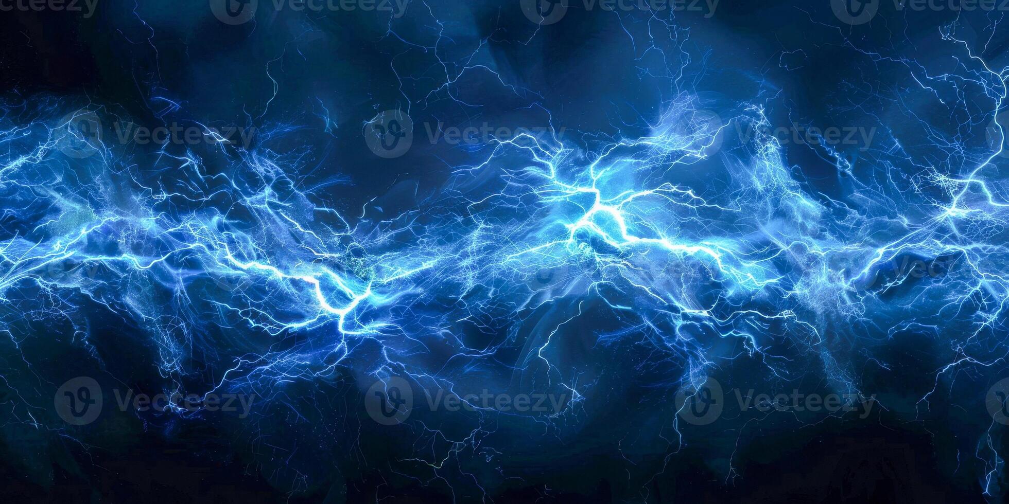 AI generated A vivid blue and black background with lightning bolts crossing, creating a striking and electrifying display of natures power and beauty photo