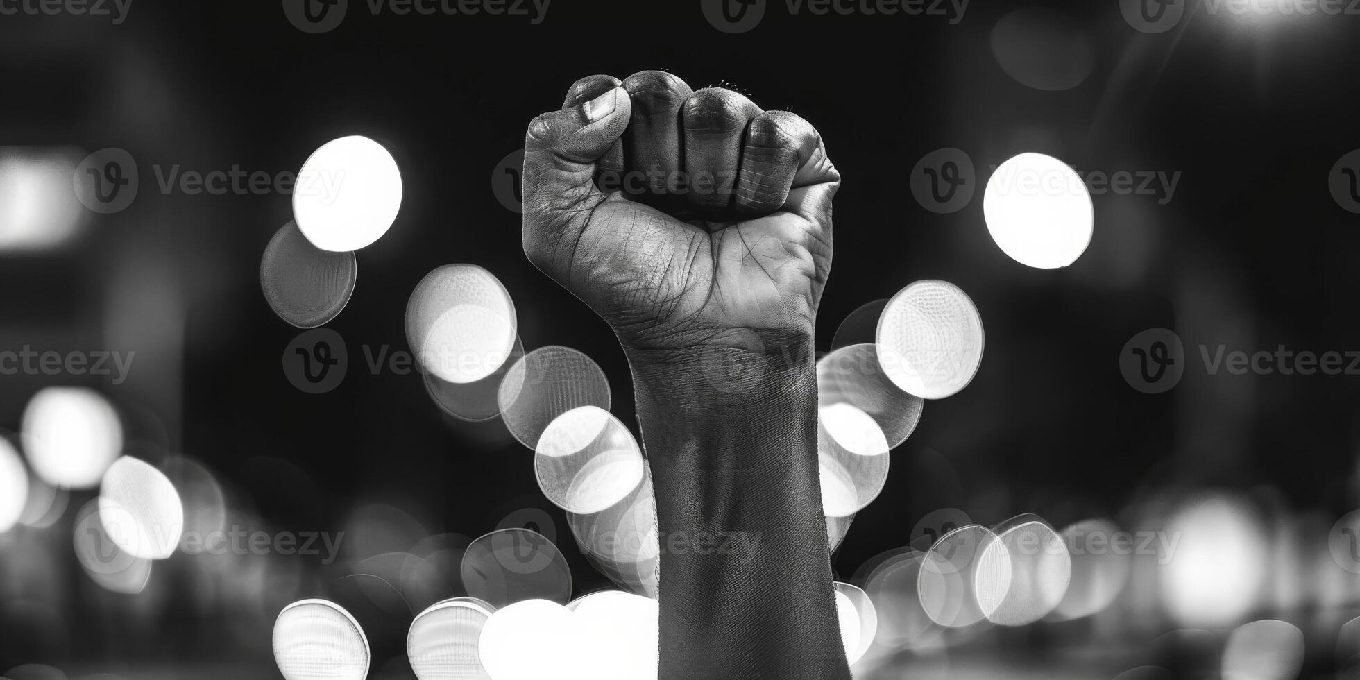 AI generated This black and white photo captures a person raising their fist in a powerful gesture. The image conveys strength, determination, and defiance