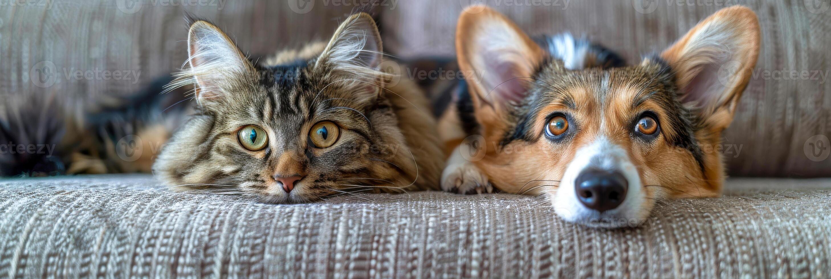 ai generado el foto muestra dos perros y un gato sentado juntos en un sofá. el mullido atigrado gato es sentado en el medio, mientras el amable perros son en cualquiera lado.