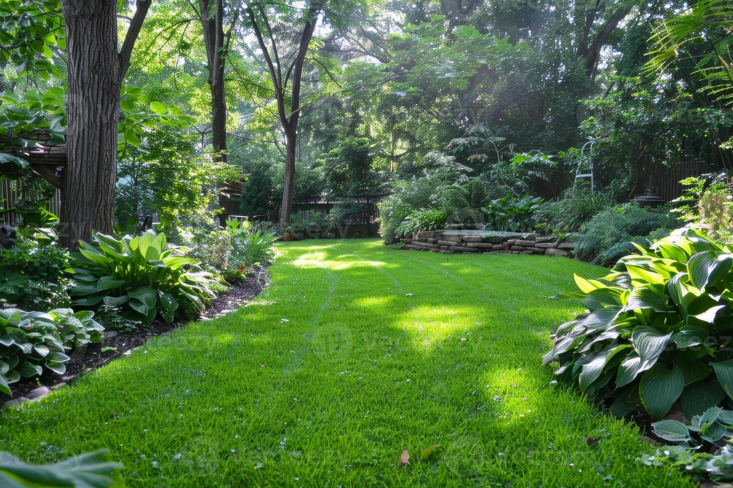 AI generated A tranquil backyard garden, lush with greenery and dappled sunlight, offers a peaceful retreat with its well-kept lawn and vibrant plant life photo