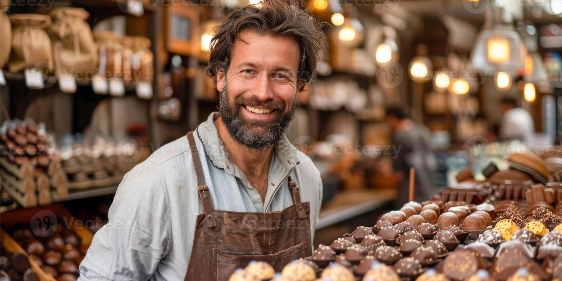 AI generated A man with a beaming smile is seen holding a box of chocolates in a store. The man appears to be a bearded chocolate artisan, showcasing his handmade chocolates to potential customers photo