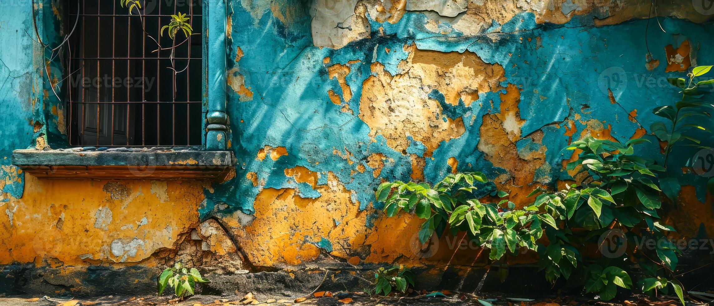 AI generated The textured facade of a blue and yellow wall with peeling paint, overgrown with plants casting shadows in the sunlight photo