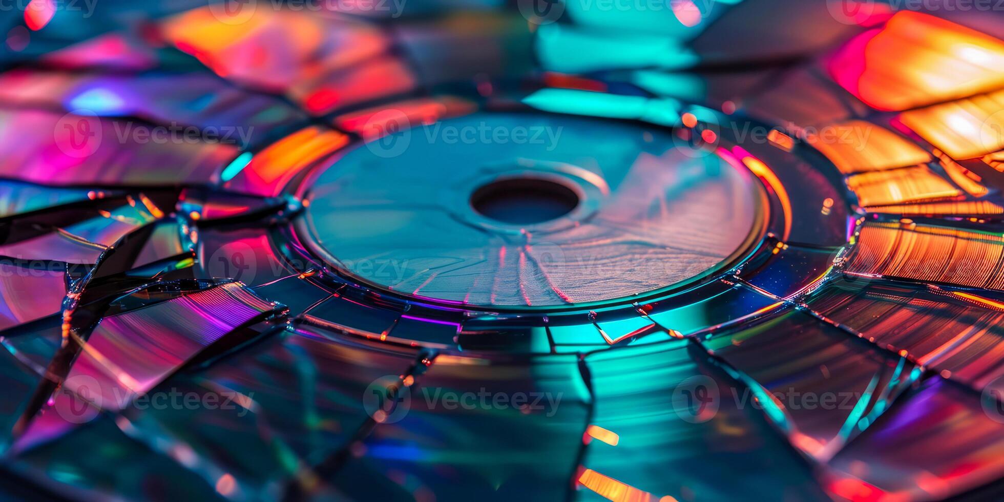 AI generated An array of broken CDs reflecting vibrant, iridescent colors, showcasing a beautiful play of light on shattered surfaces photo