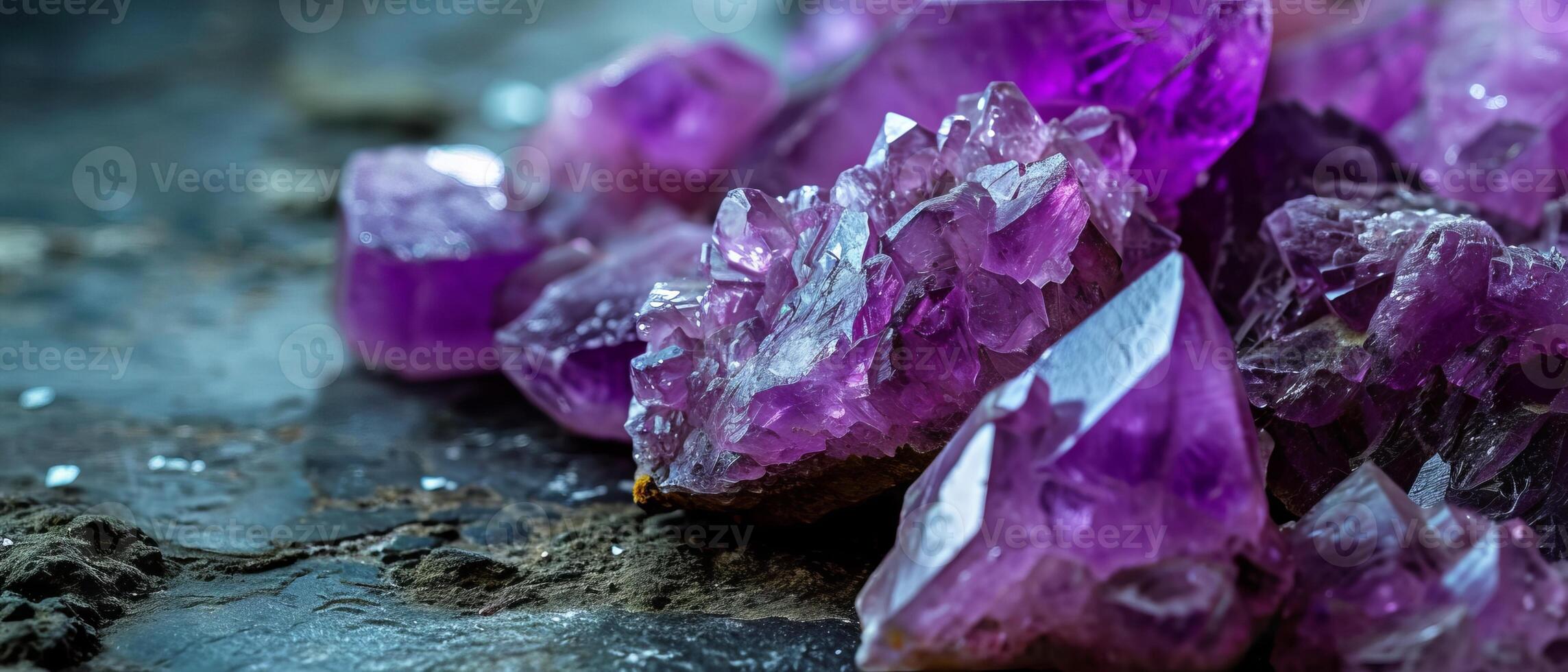 AI generated Detailed macro photography of deep purple amethyst crystal clusters with sharp edges and natural textures photo
