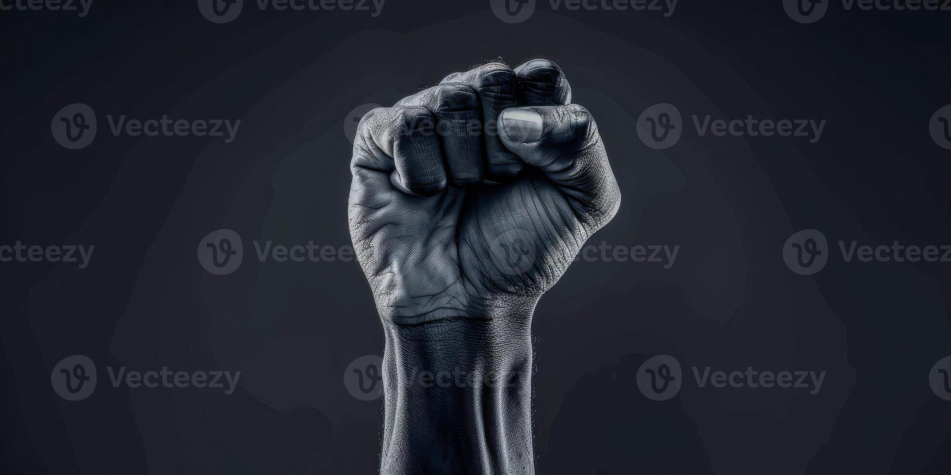 AI generated This black and white photo captures a powerful fist clenched tightly. The contrast between light and dark highlights the strength and determination conveyed by the clenched hand