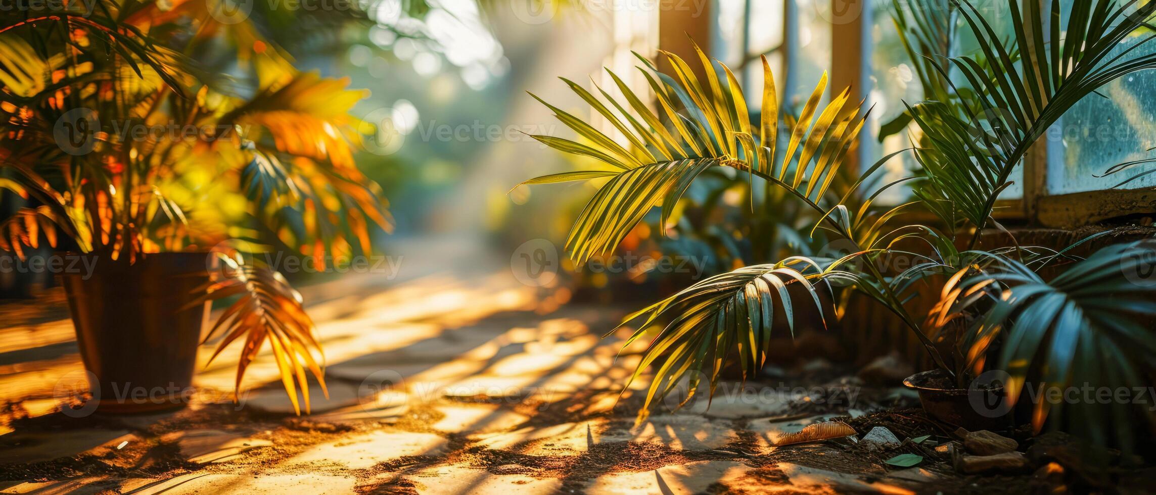 AI generated Escape to a tropical oasis with this enchanting scene of palm leaves swaying gently in the warm breeze photo