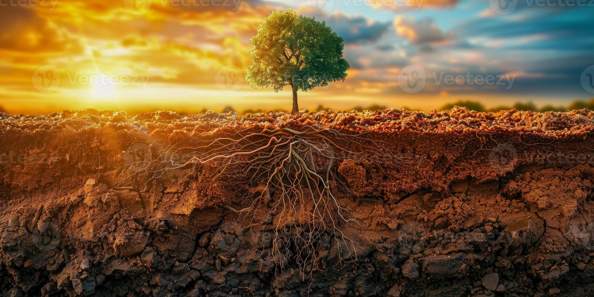 AI generated The image captures a tree with its roots firmly grounded in the soil, showcasing the depth and strength of its foundation. photo