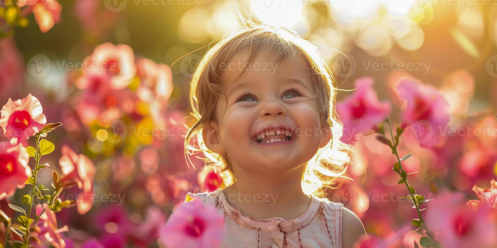 AI generated A toddler girl laughs joyfully, surrounded by vibrant pink blossoms, with the golden sunlight enhancing her innocent delight photo