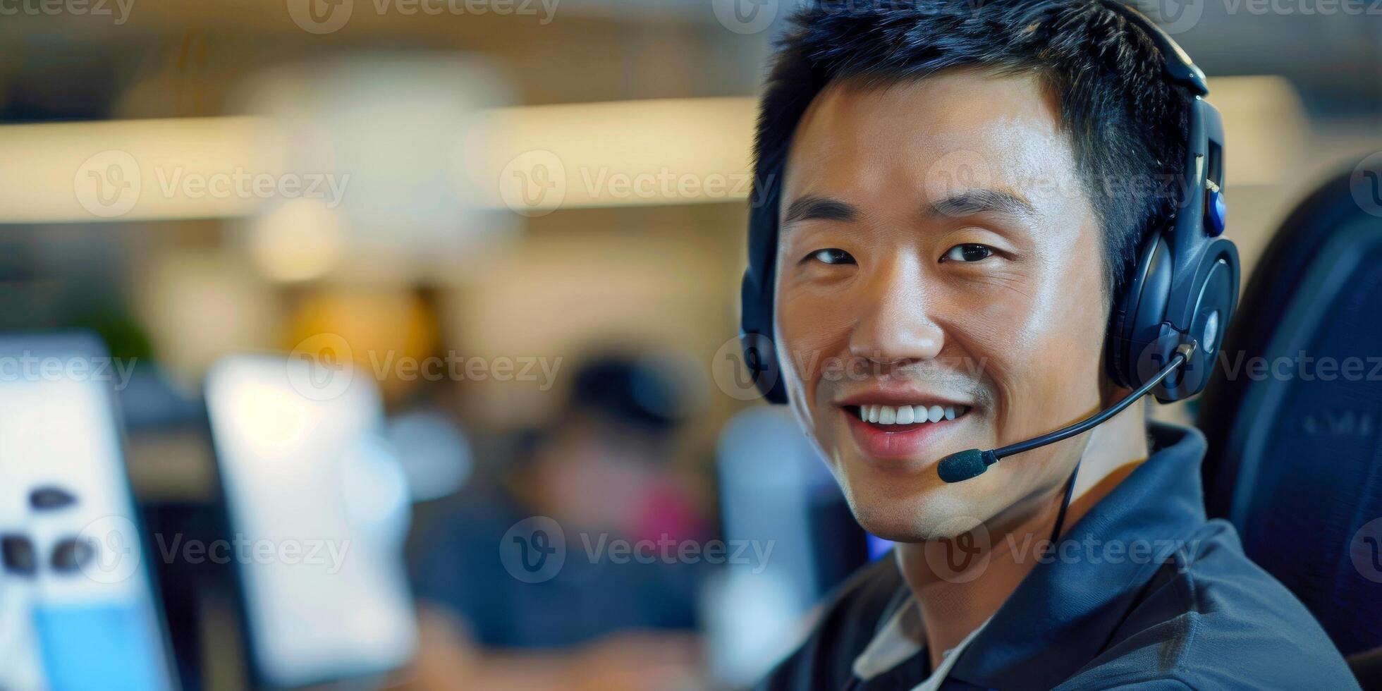 AI generated A asian man is seated in front of a computer, wearing headphones. He appears focused and engaged in an activity. The room is filled with the glow of the computer screen photo