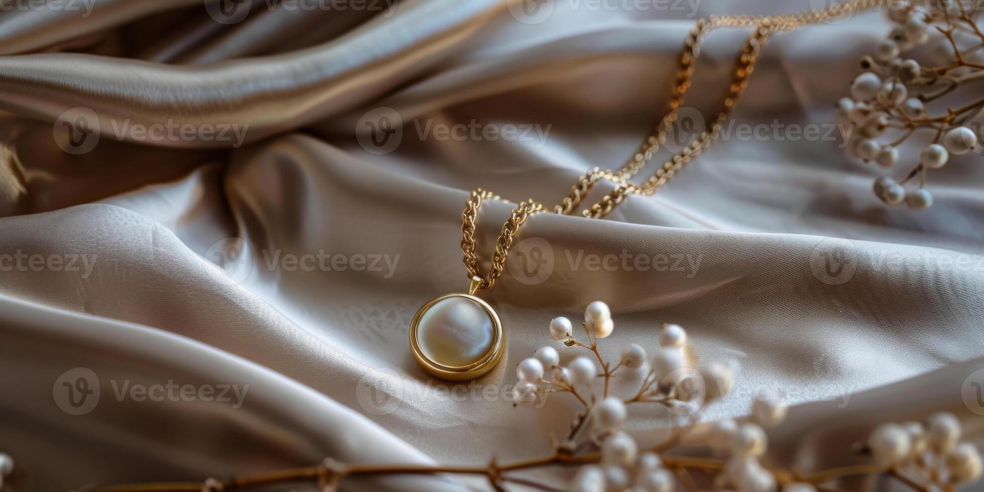 ai generado esta foto vitrinas un de cerca ver de un oro paño adornado con elegante perlas, creando un lujoso y sofisticado Mira