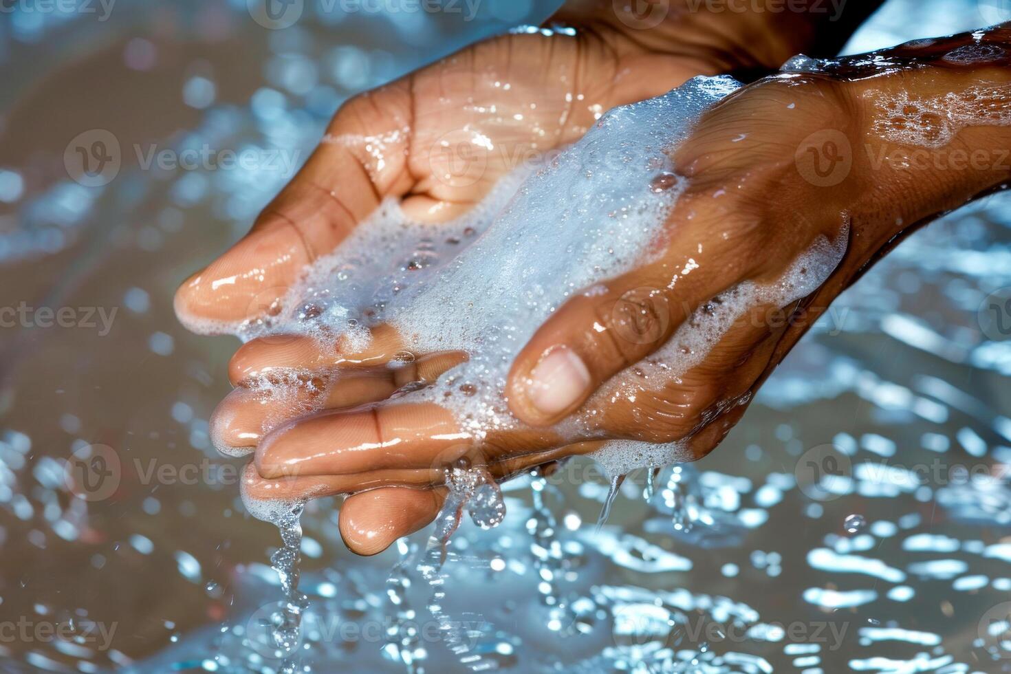 AI generated Close-up of a person's hands being meticulously cleaned with soap and water, capturing the essence of personal hygiene and care photo