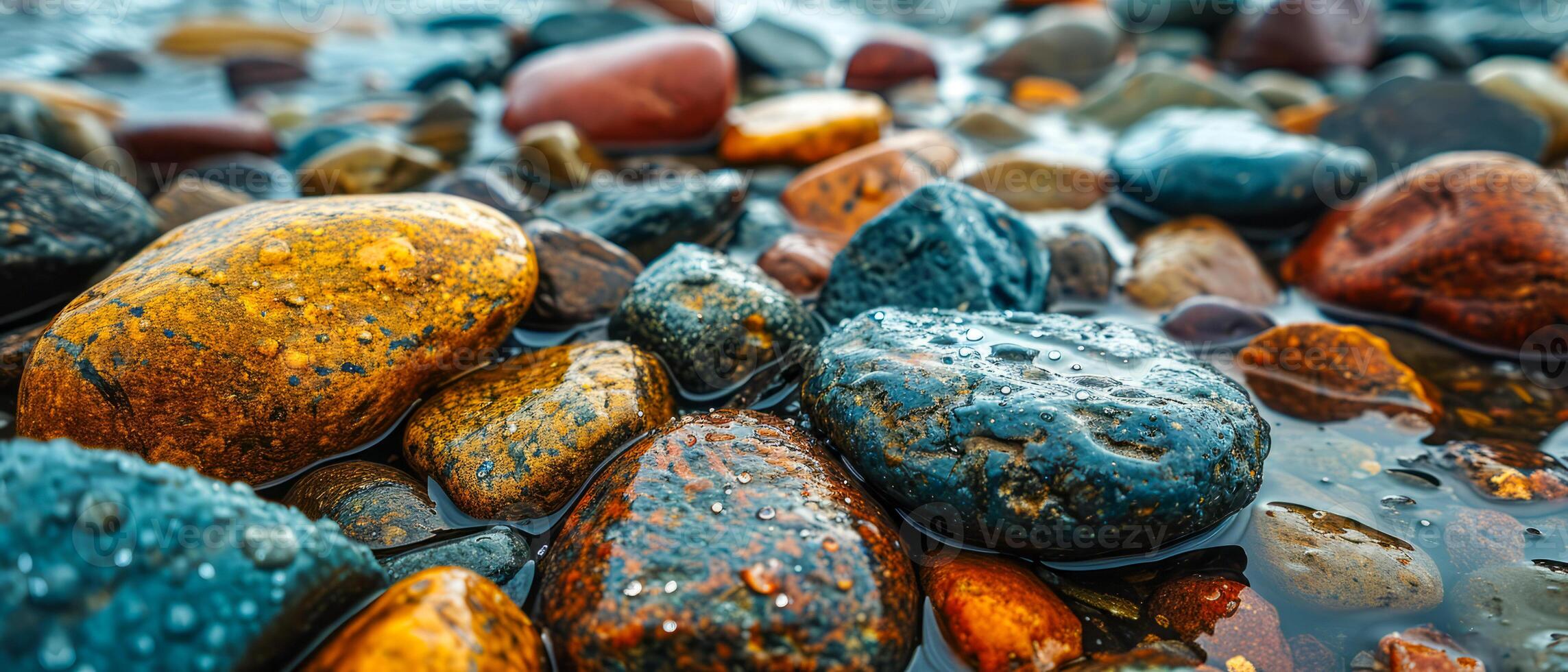 AI generated Colorful Wet Pebbles and Rocks Close-up. A vibrant collection of wet pebbles and rocks in various colors and patterns, glistening with moisture photo
