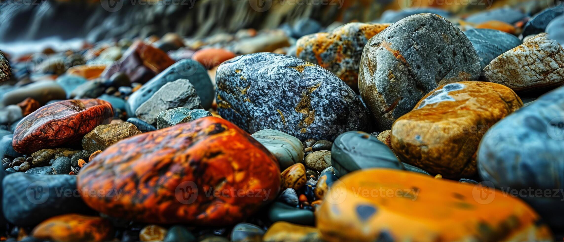 AI generated Colorful Wet Pebbles and Rocks Close-up. A vibrant collection of wet pebbles and rocks in various colors and patterns, glistening with moisture photo