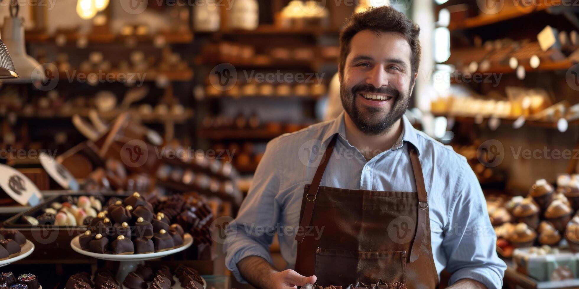 AI generated A middle-aged man stands behind a display of various chocolates, smiling happily. The chocolates are neatly arranged, tempting customers to make a purchase photo