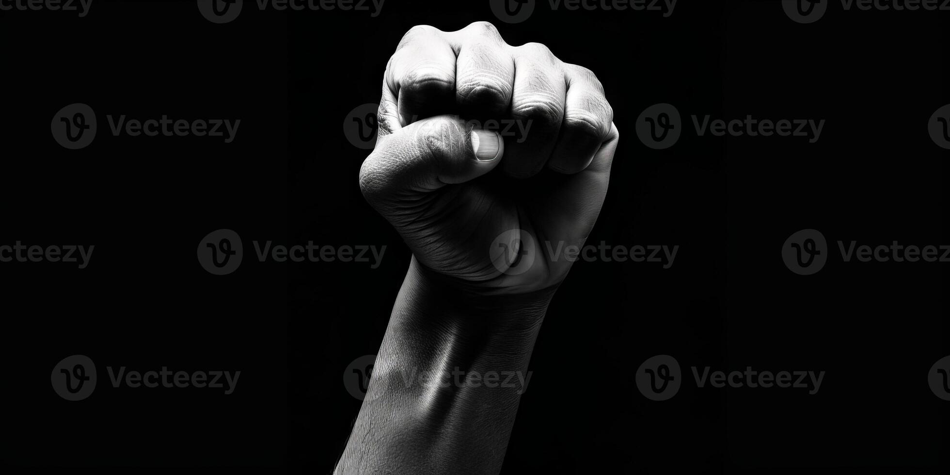 AI generated This black and white photo showcases a powerful fist raised in the air, symbolizing strength and determination. The contrast adds to the impact of the image