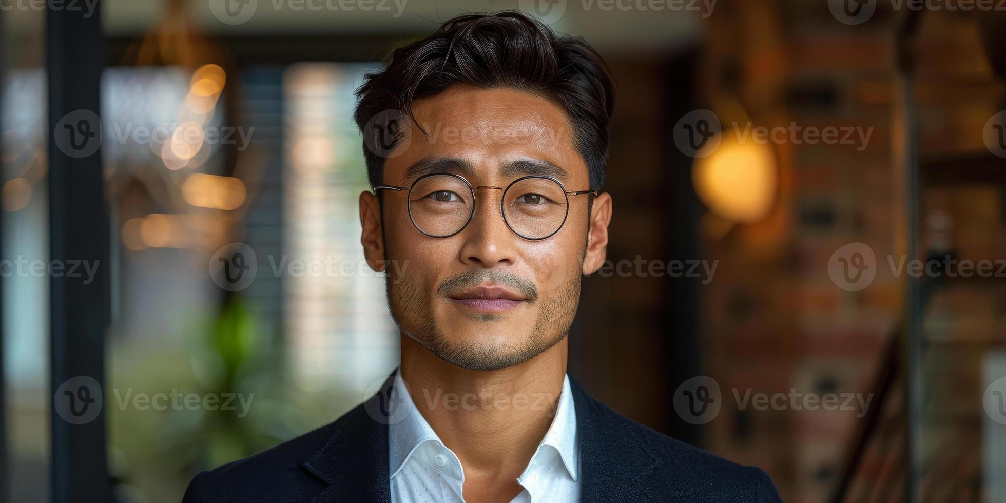 AI generated A well-dressed Asian man sporting glasses and a tailored suit, exuding professionalism and sophistication photo