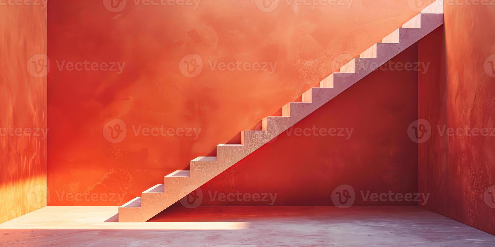 AI generated The photo captures a modern staircase situated next to a wall within a room. The staircase has clean lines and a sleek design, adding a contemporary touch to the space