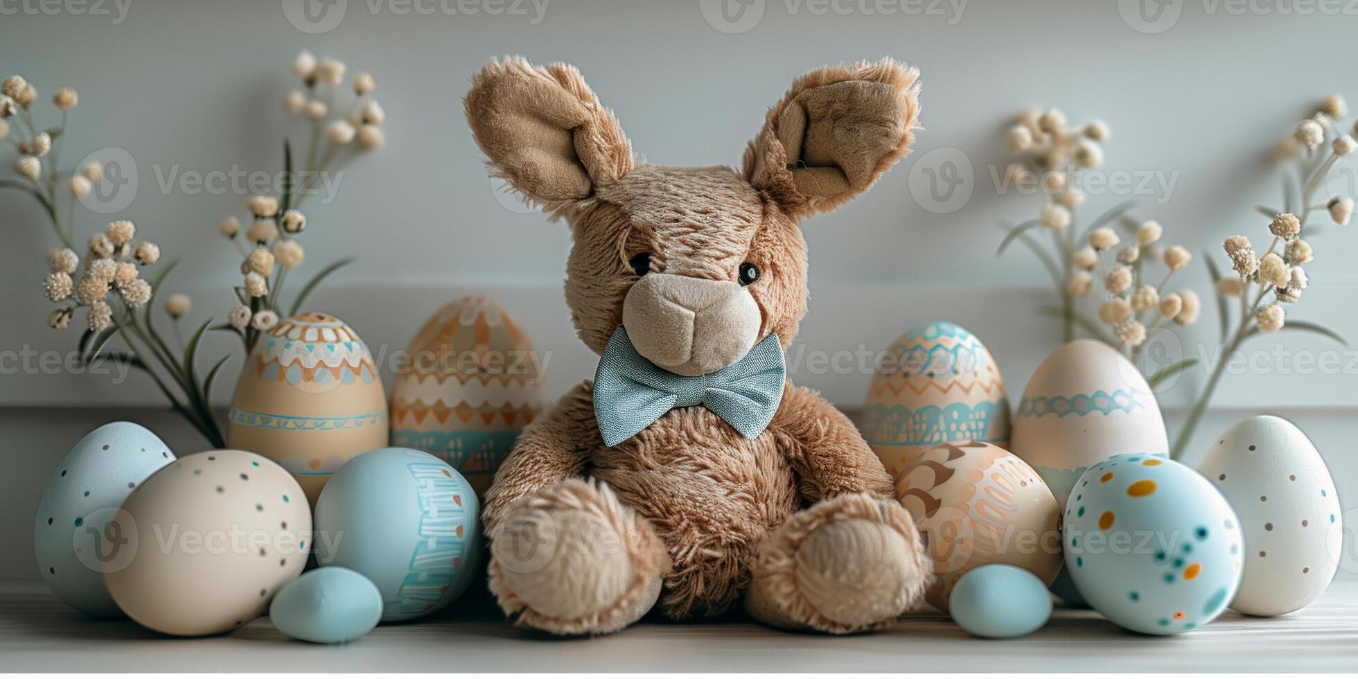 AI generated A photo featuring a plush brown bunny toy with long ears sitting in front of a row of colorful painted eggs. The bunny appears cute and fluffy against the vibrant backdrop of the eggs