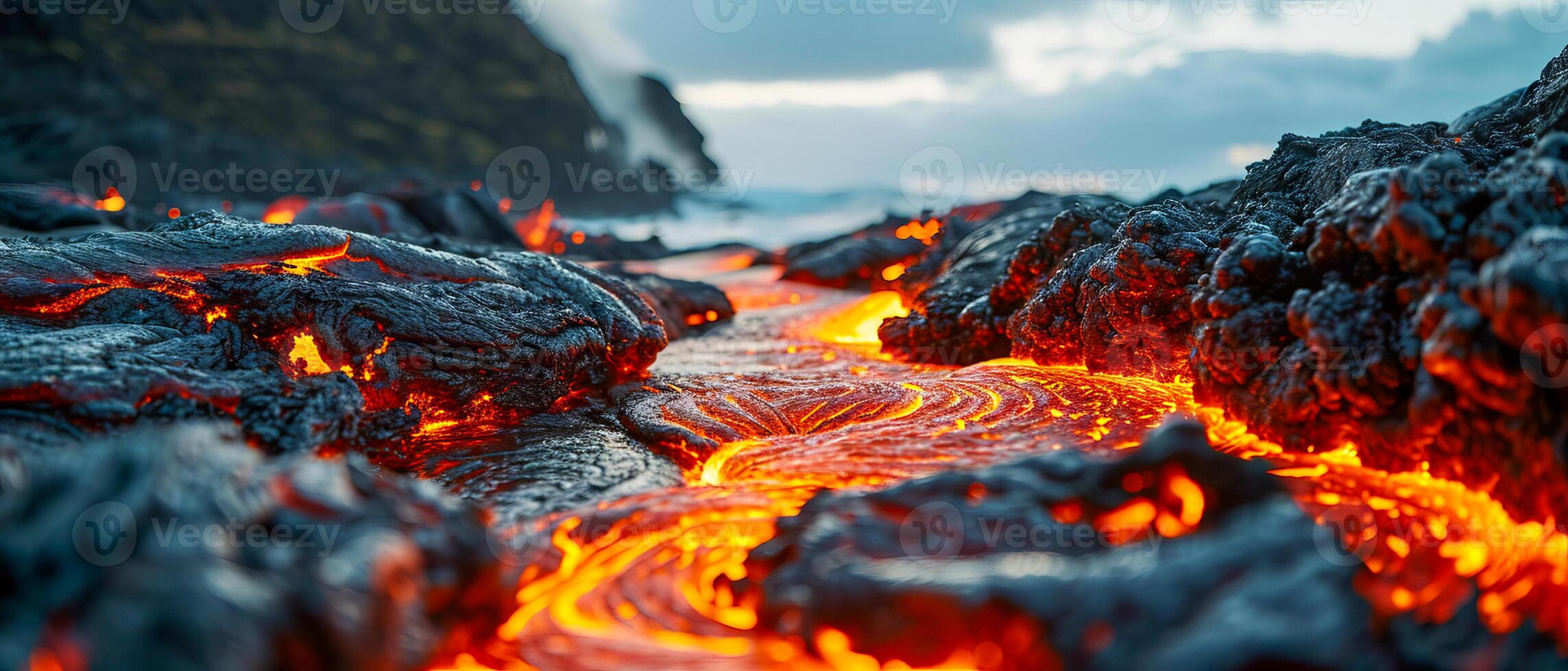 AI generated Dramatic close-up of glowing molten lava flow against a dimming sky, highlighting nature's raw power photo