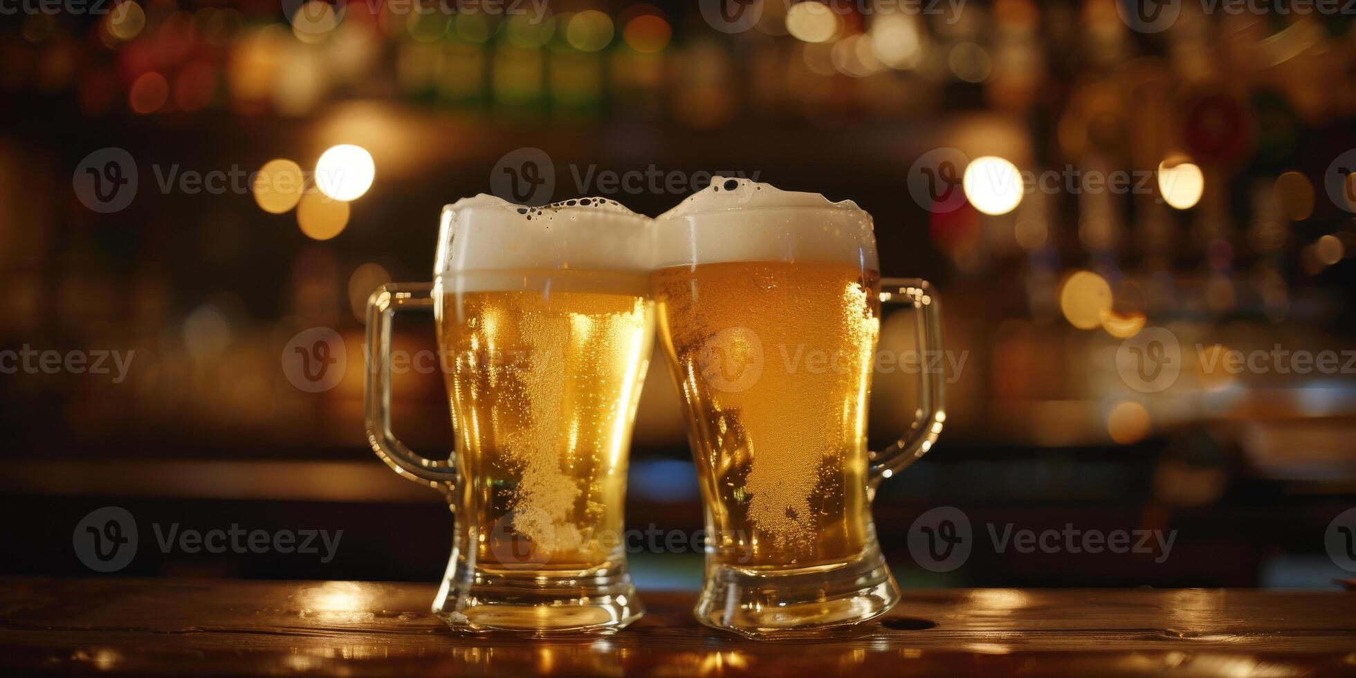 AI generated This photo depicts two glasses of beer placed on top of a bar counter, capturing a celebratory moment in a casual setting