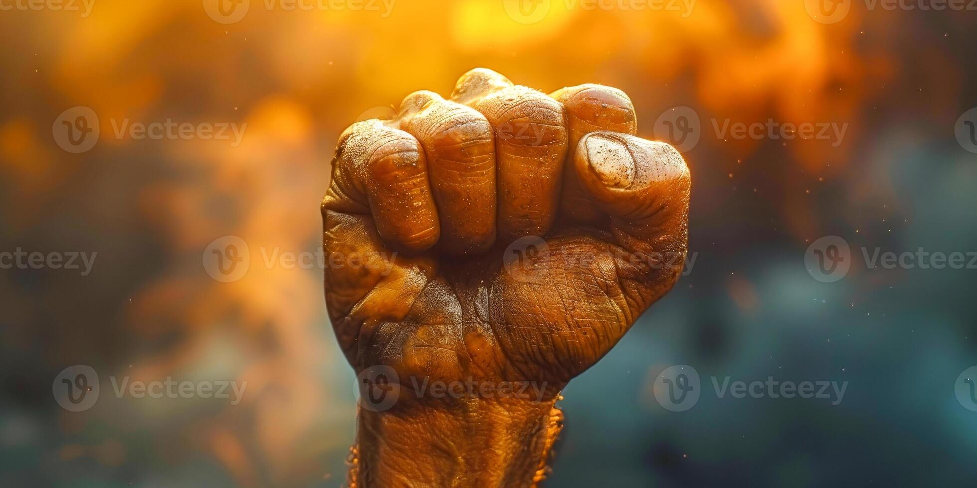 ai generado un fuerte y poderoso imagen de un persona levantamiento su puño en el aire, simbolizando desafío y protesta. el gesto exuda empoderamiento y determinación foto