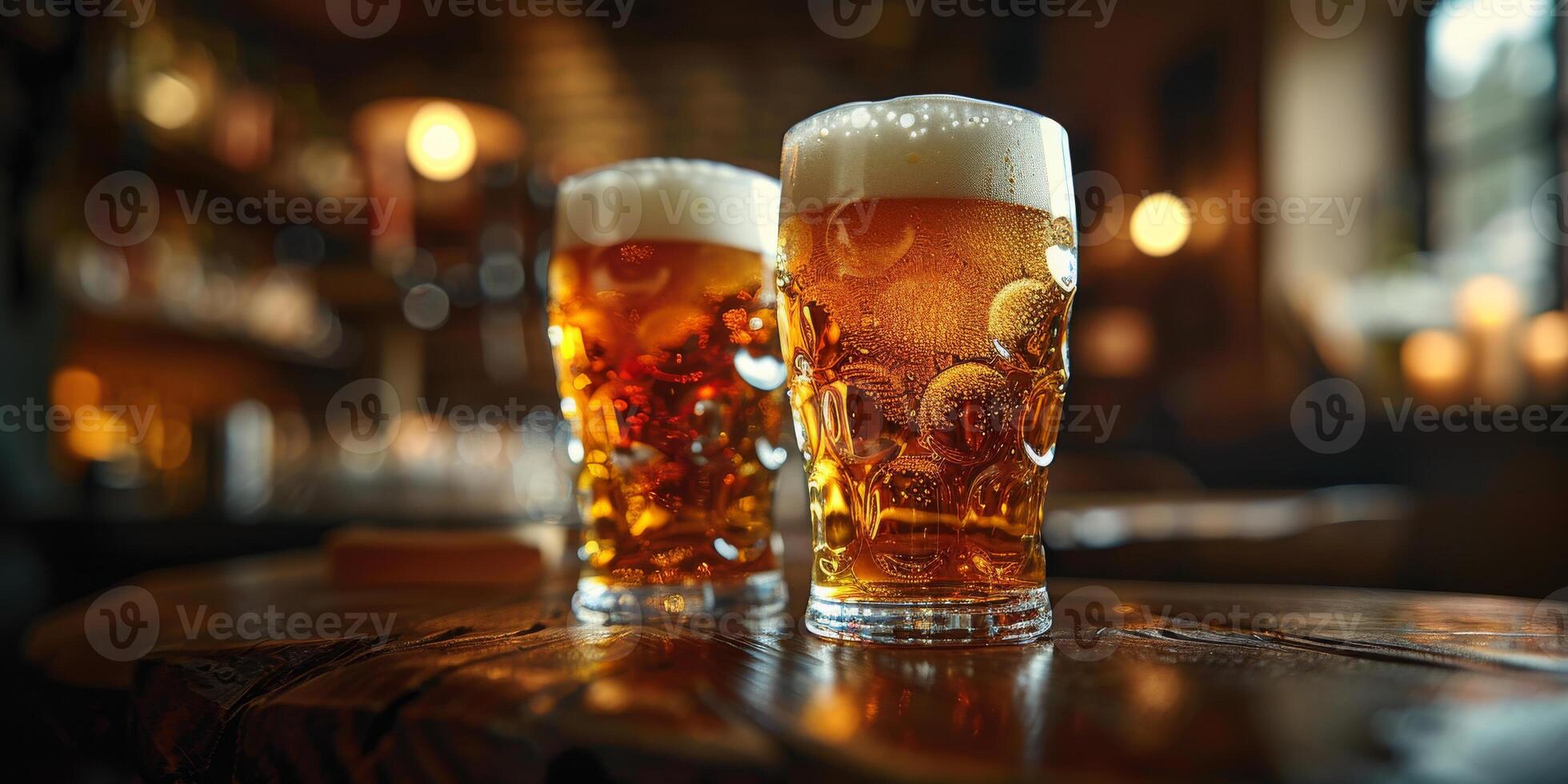 AI generated Two glasses of beer are placed on a wooden bar surface. The amber liquid inside the glasses reflects the light photo