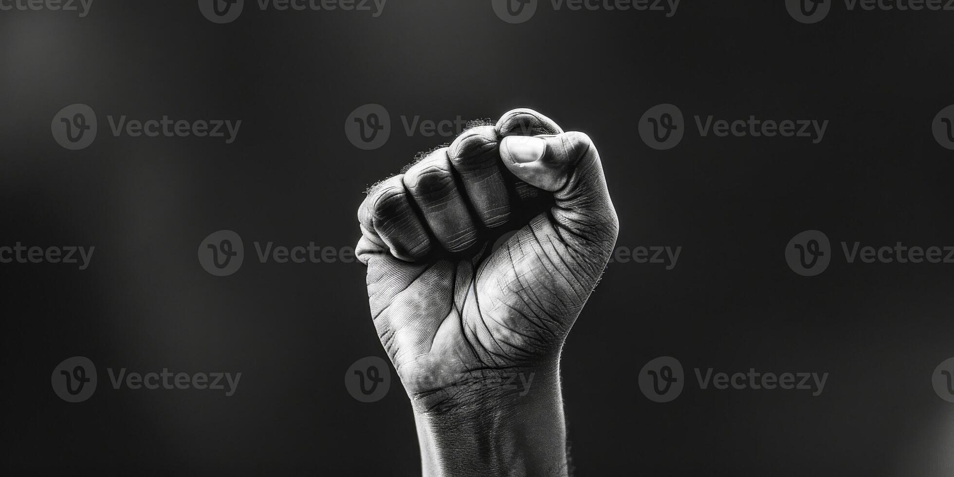 ai generado esta negro y blanco foto capturas un persona levantamiento su puño en un poderoso gesto. el imagen transporta fortaleza, determinación, y desafío