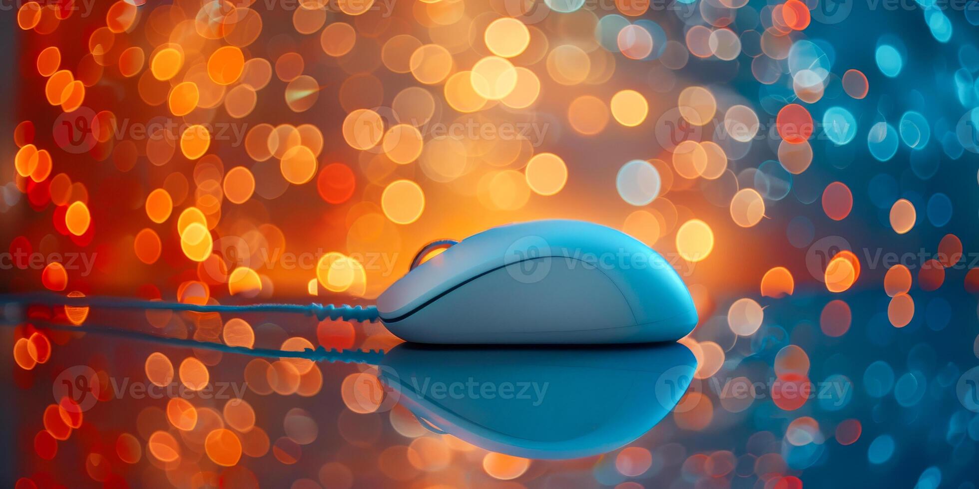 AI generated A modern white computer mouse sits on a glossy surface, illuminated by colorful bokeh light reflections creating a festive atmosphere photo