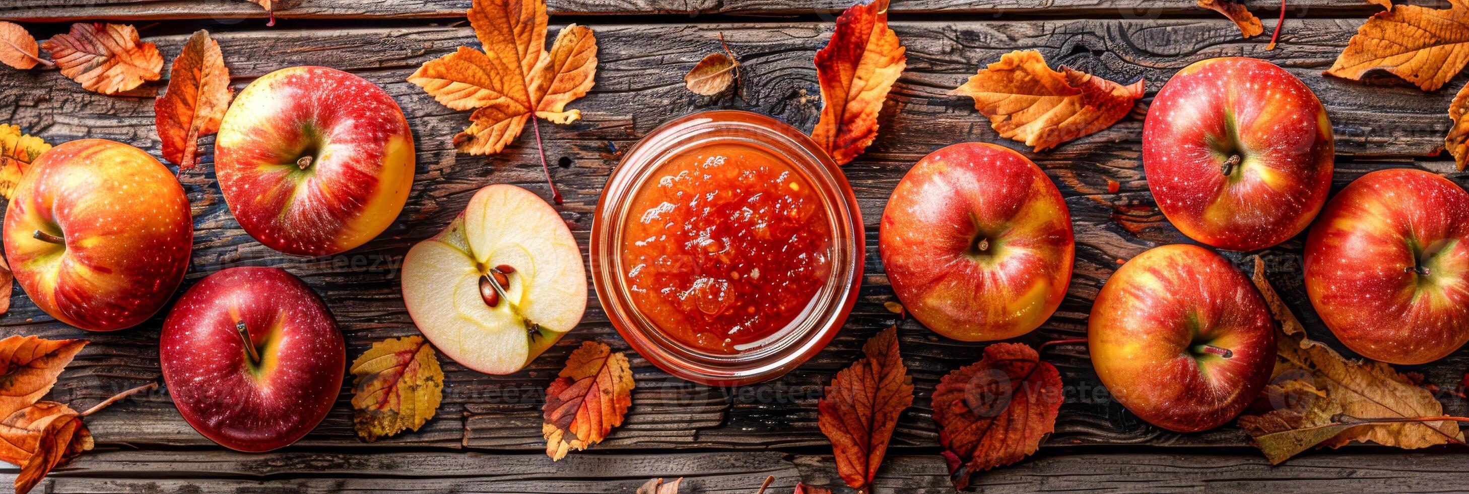 AI generated A clear glass jar filled with golden liquid sits on an old wooden table. The jar is surrounded by a pile of fresh, red apples photo