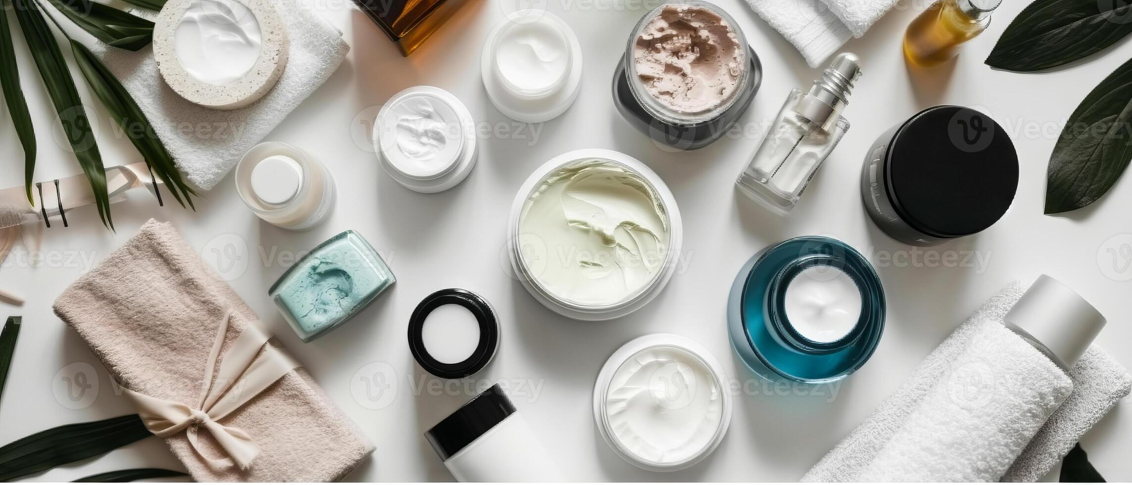 AI generated An elegant array of skincare products arranged on a marble surface, accompanied by tropical leaves for a fresh look photo