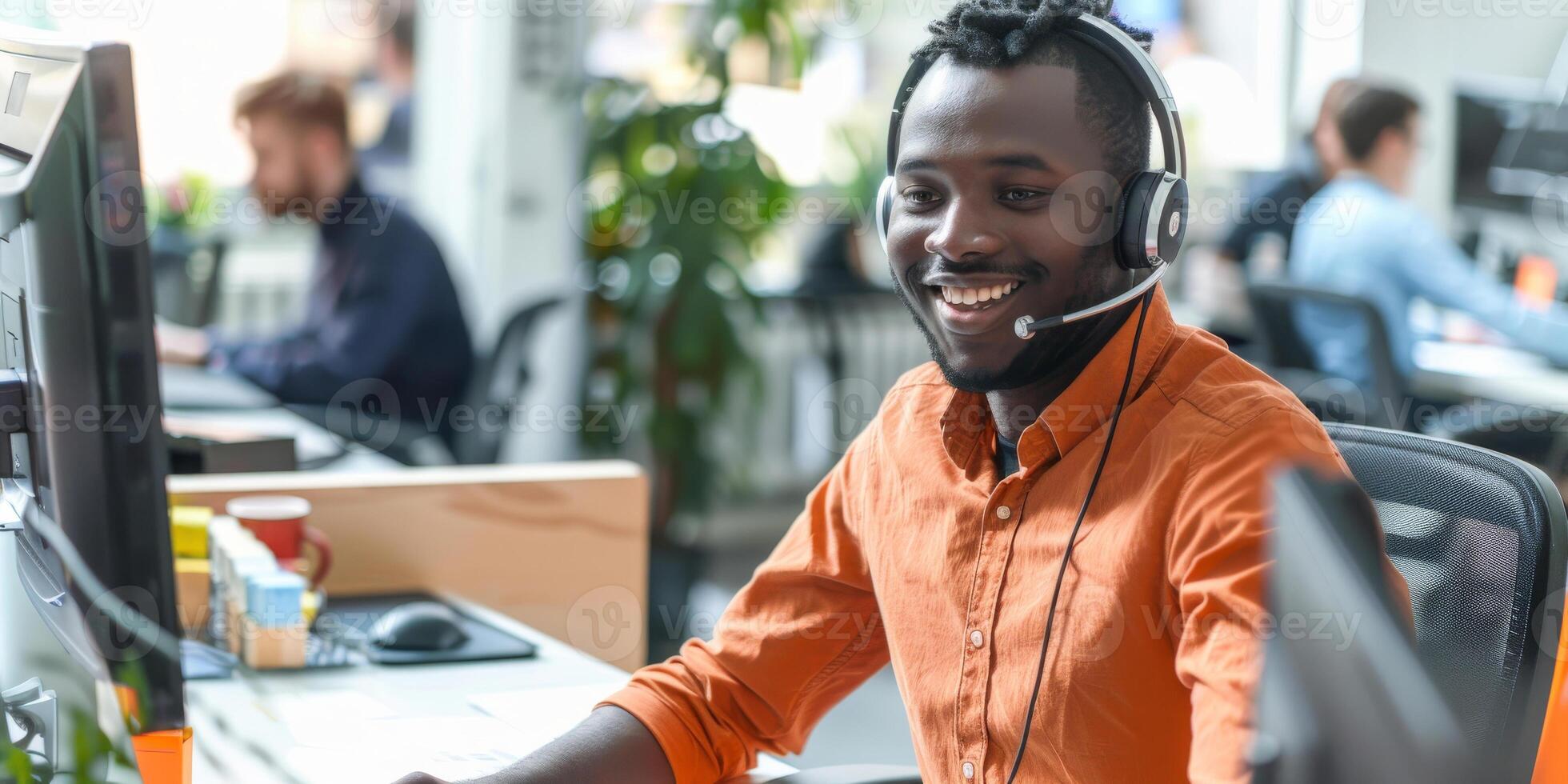 AI generated A man is shown wearing a headset and sitting in front of a computer. He appears focused and engaged, likely involved in customer service photo