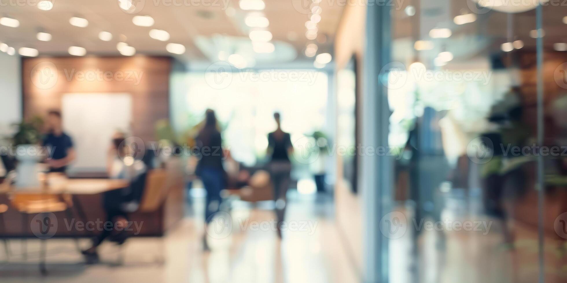 AI generated This photo captures a blurry scene of people walking through a bustling building, showcasing movement and activity within the urban environment.