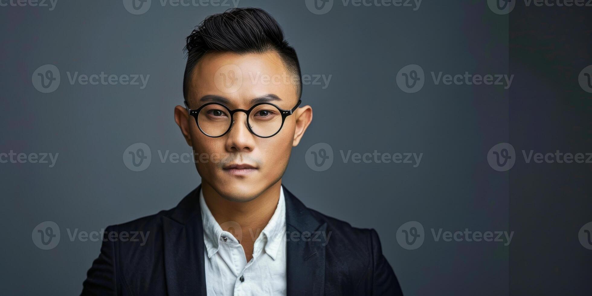 AI generated A well-dressed Asian man sporting glasses and a tailored suit, exuding professionalism and sophistication photo