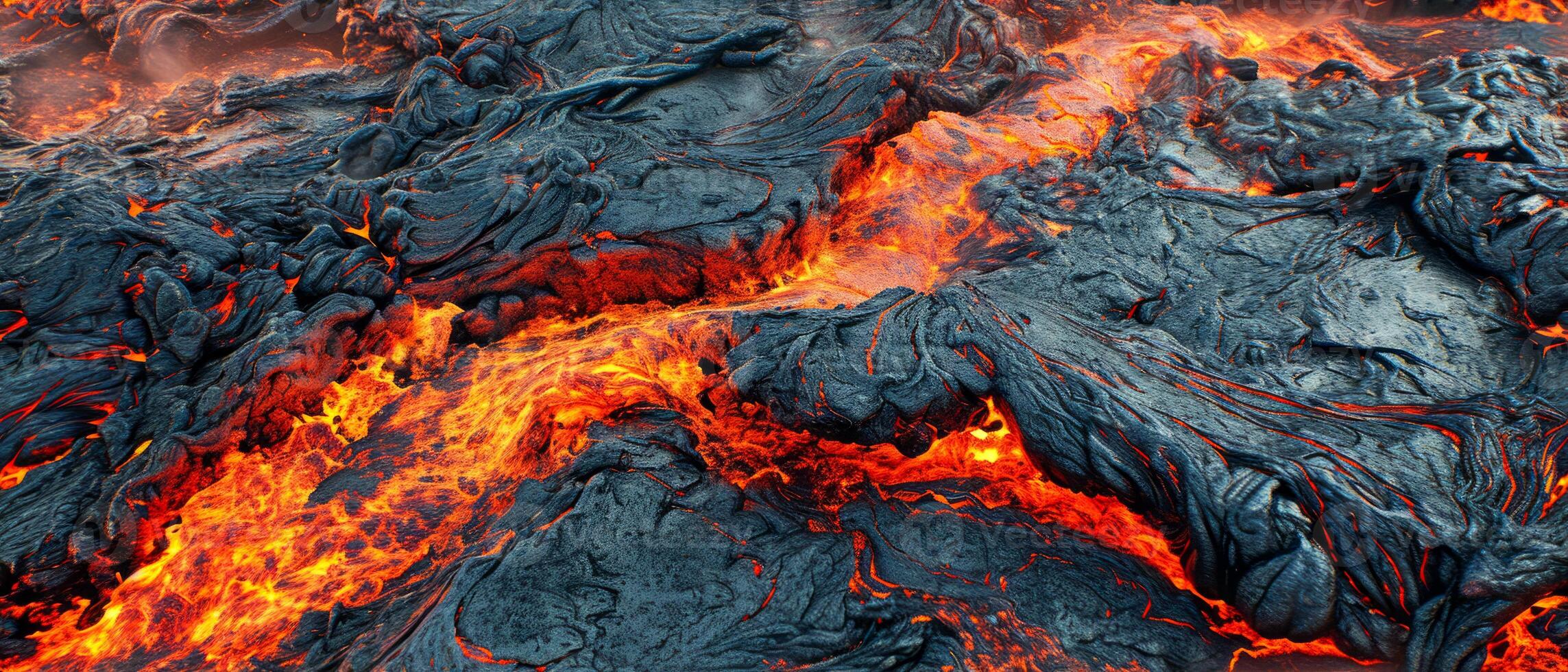 AI generated Close-up view of vibrant molten lava flow showcasing the dynamic textures and intense heat photo