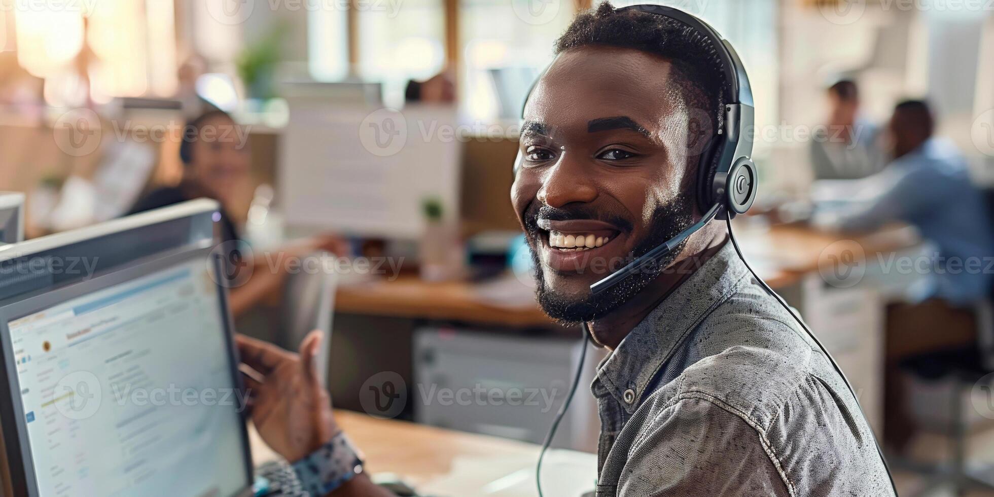 AI generated A man wearing a headset smiles at the camera, embodying an engaging customer service representative in a call center photo