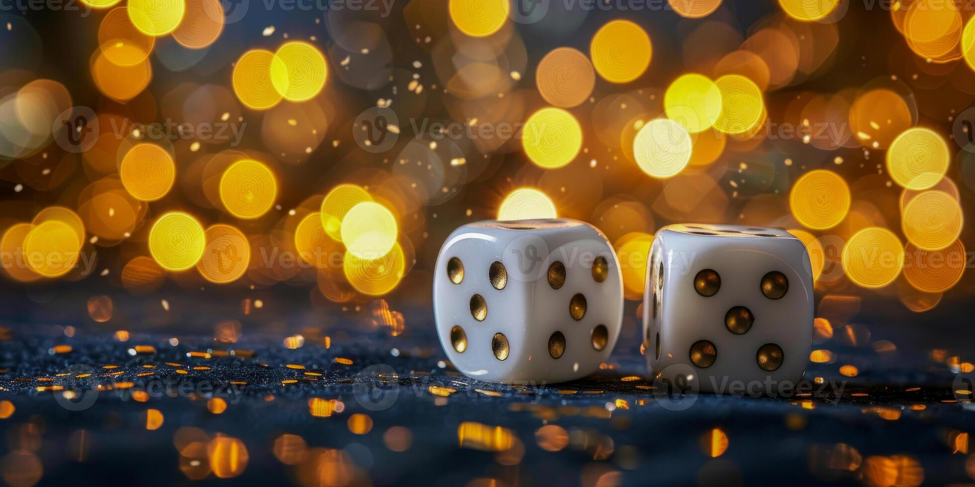 AI generated A pair of white dice with black dots, highlighted against a twinkling bokeh light effect on a dark, reflective surface photo