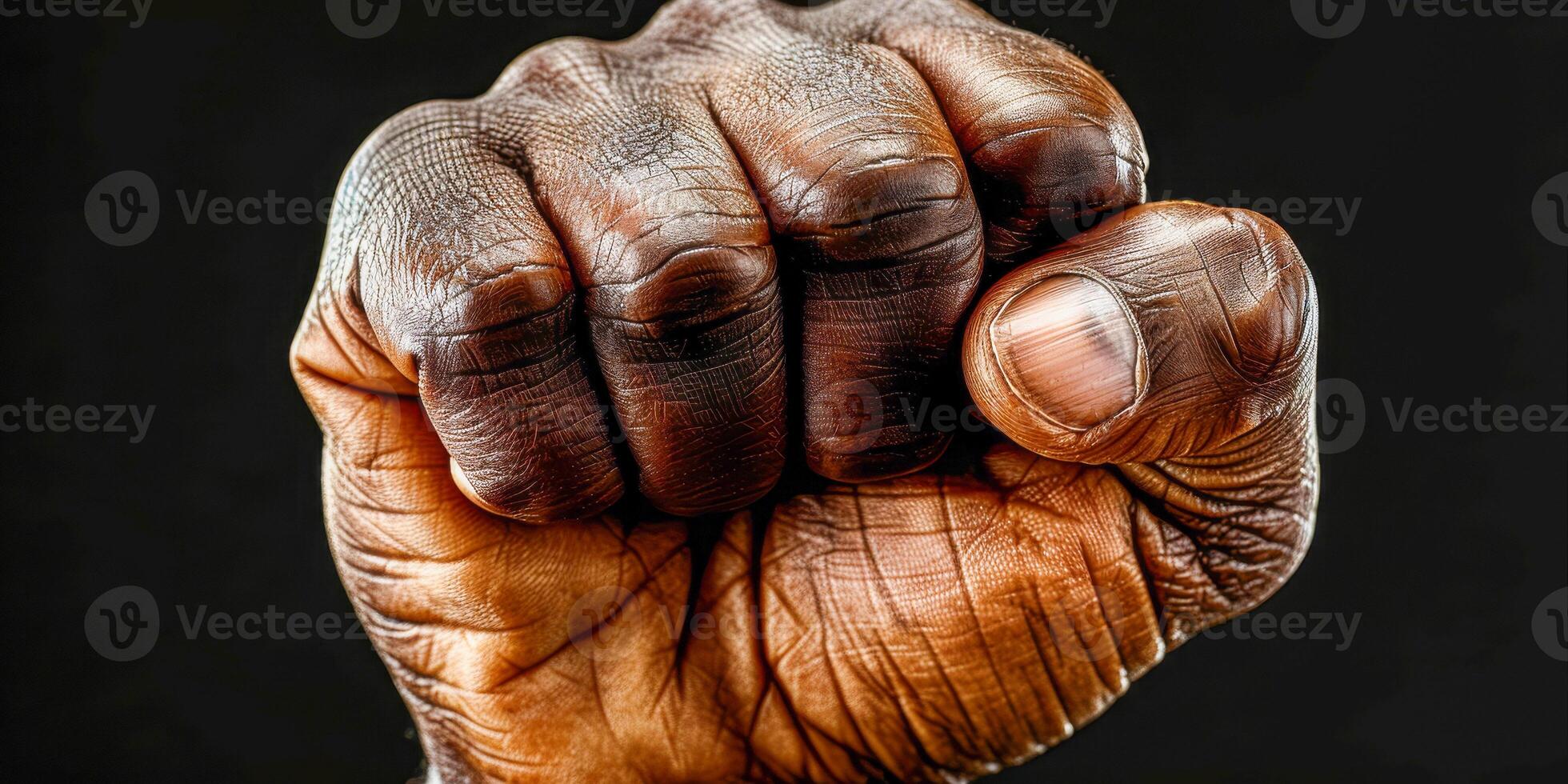 AI generated A photo showcasing a mans clenched fist against a stark black background. The image emphasizes power, resilience, and determination