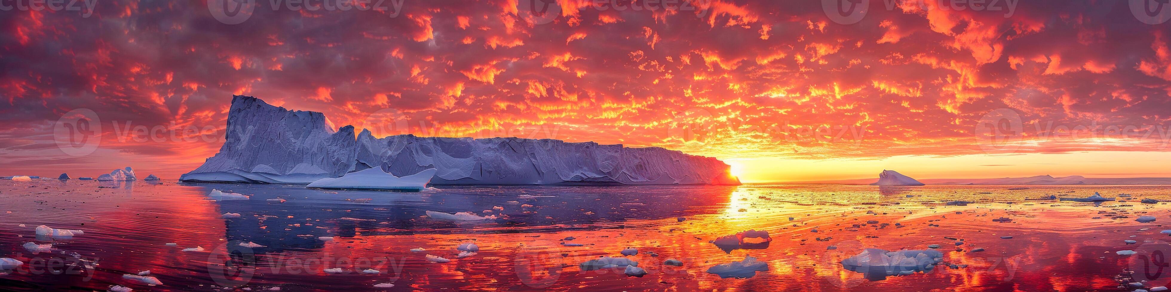 AI generated An iceberg floats gracefully in the ocean as the vibrant colors of the sunset paint the sky. The icebergs jagged edges contrast with the calm water photo