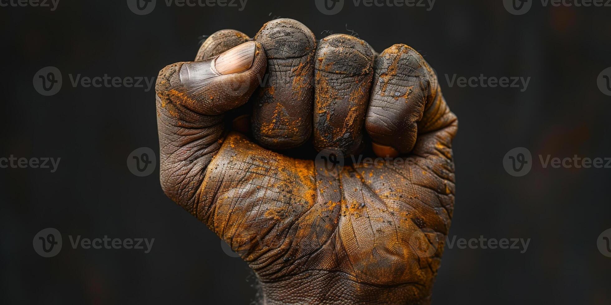 AI generated A photo showcasing a mans clenched fist against a stark black background. The image emphasizes power, resilience, and determination