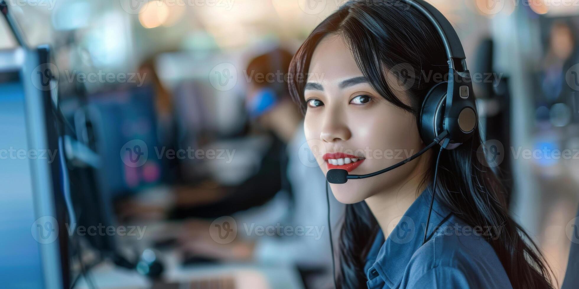 AI generated An asian woman with a headset on her head is smiling directly at the camera. She appears to be engaged in a conversation or customer service interaction. photo