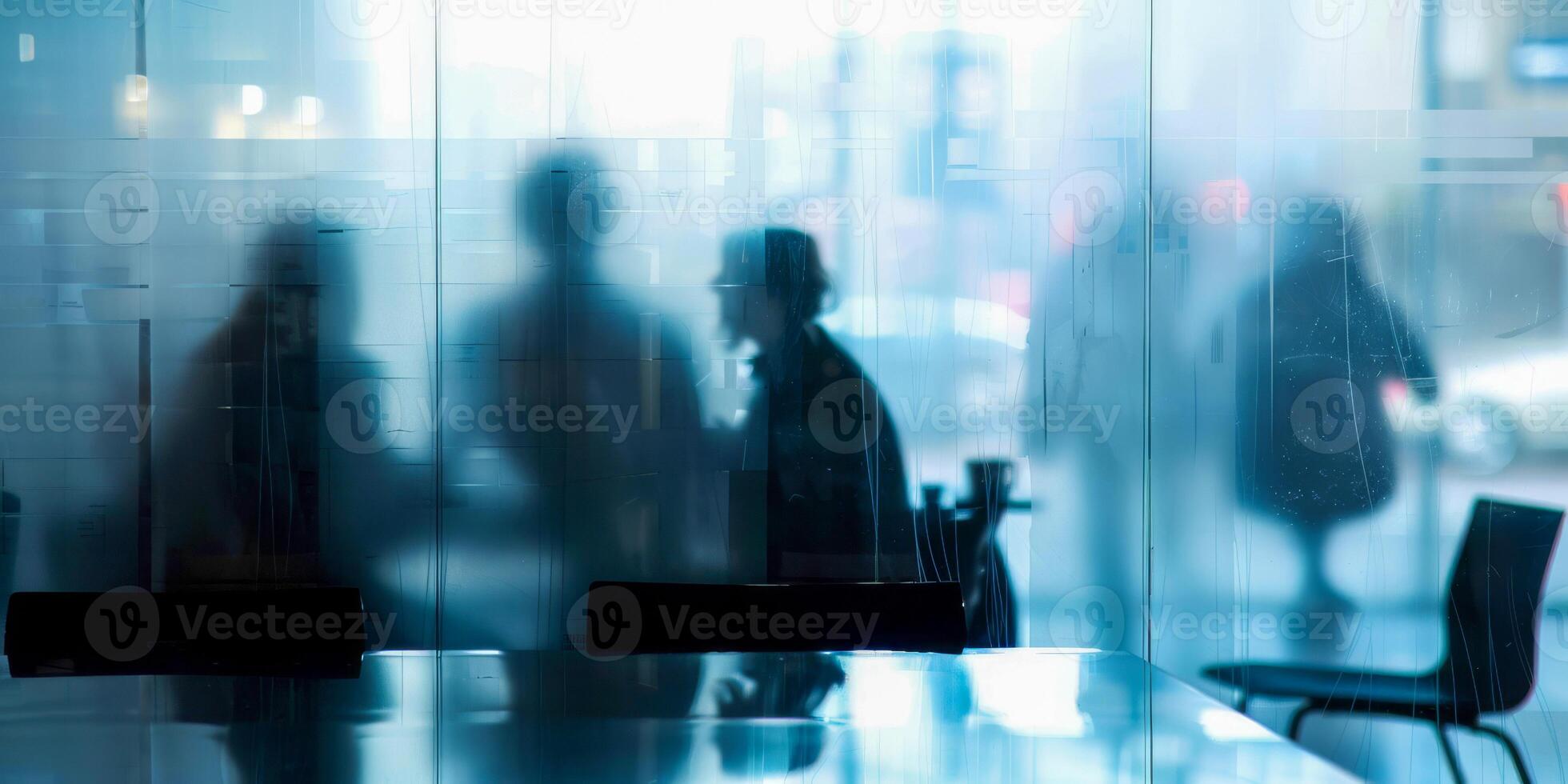 AI generated A high key, overexposed photograph of a workplace setting, showing the silhouettes of professionals in a state of blur photo