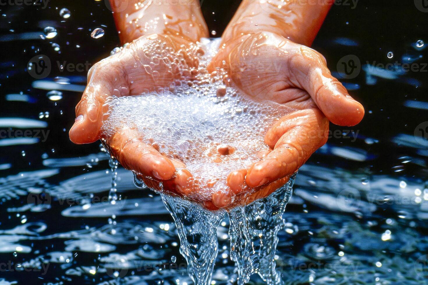 AI generated Close-up of a person's hands being meticulously cleaned with soap and water, capturing the essence of personal hygiene and care photo