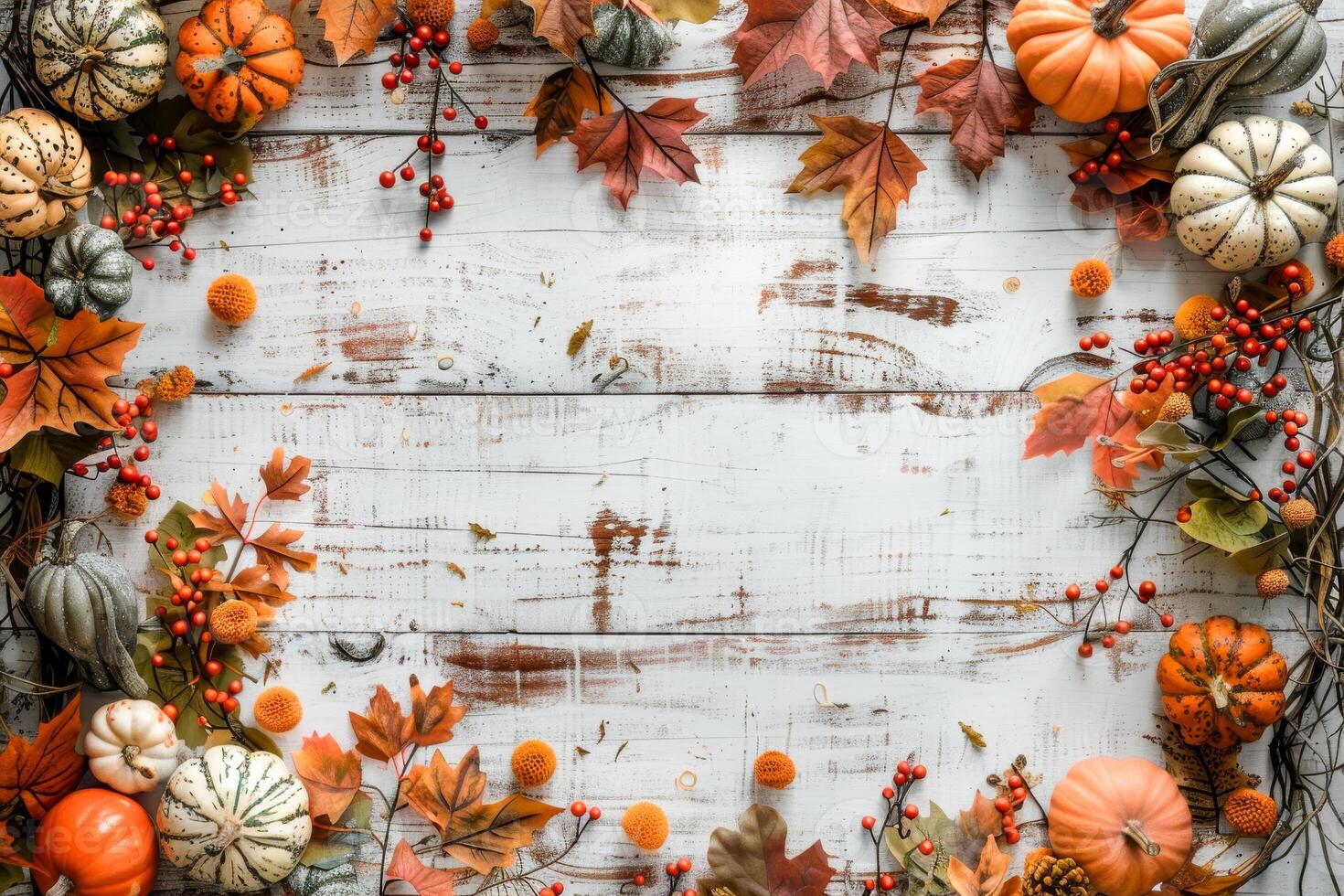 AI generated Miniature pumpkins intermingle with autumn leaves and berries on a rustic white wooden backdrop, evoking the essence of fall photo